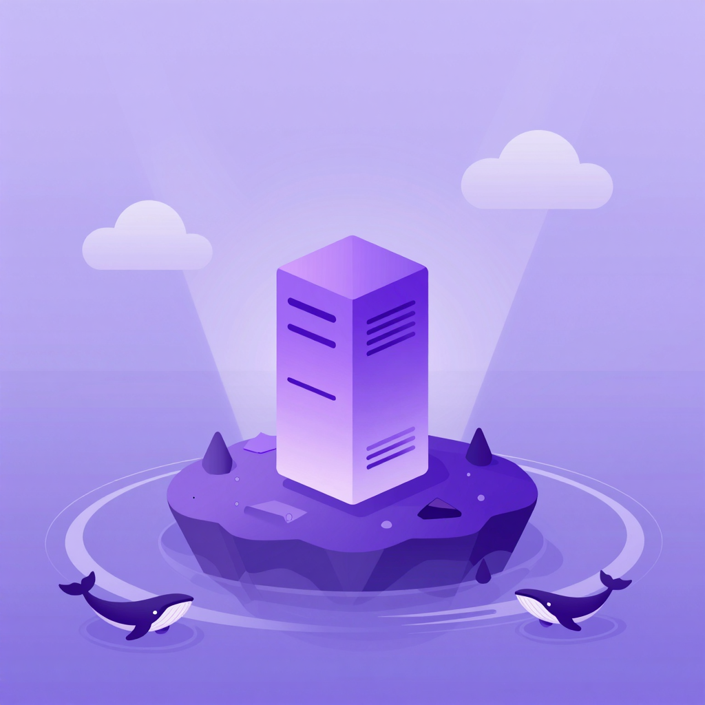 A dedicated server standing alone on its own island, whales circling freely around it